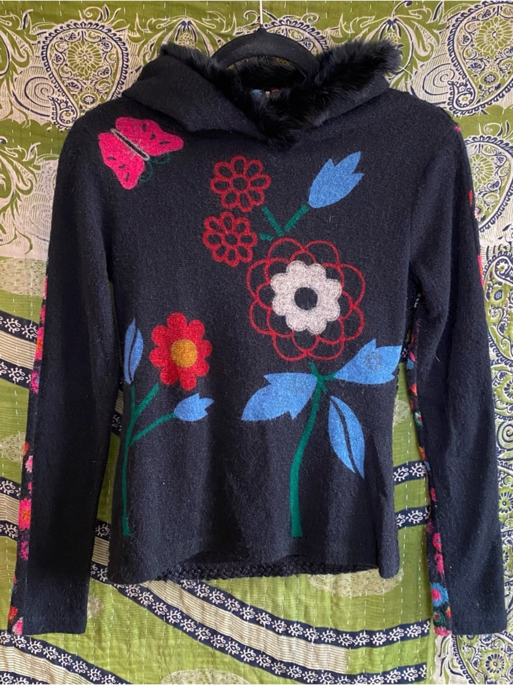 Vintage Y2K Anac by Kimi Wool Blend Painted Floral Hoodie Sweater Size Small